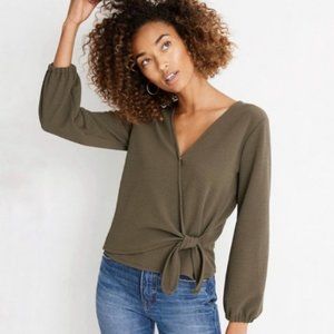 Madewell Olive Texture & Thread Crepe Wrap Tie Top